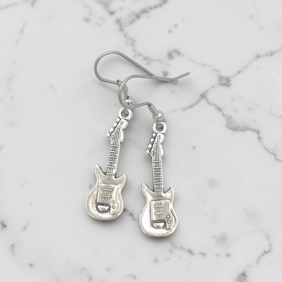 Silver Guitar Dangle Earrings | Music Lover Jewelry - Picture 5 of 6